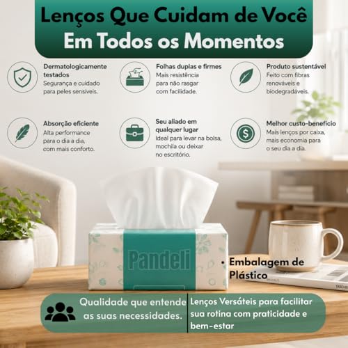 Kit com 5 Caixas de Lenços de Papel Faciais 4 Camadas, 100 Lenços por Caixa, Extra Macios e Resistentes, Alta Absorção, Papel Tissue para Uso Diário, Casa e Escritório