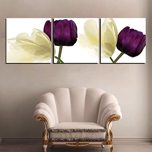 Canvas Wall Art 3 Panels Purple Yellow Flowers Floral Canvas Print Picture for Kitchen Living Room Home Decorations Framed Ready to Hang