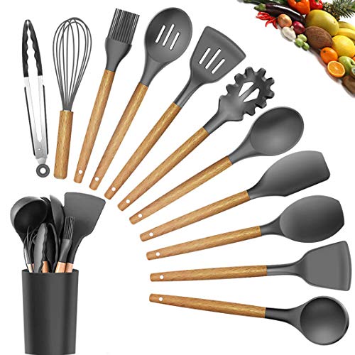 42 PCS Kitchen Utensil Sets Heat Resistant Silicone Cooking Utensil Sets with Holder Premium BPA Free Kitchen Utensils Dark Grey Wooden Handles Kitchen Gadgets Tools Sets for Non-stick Cookware