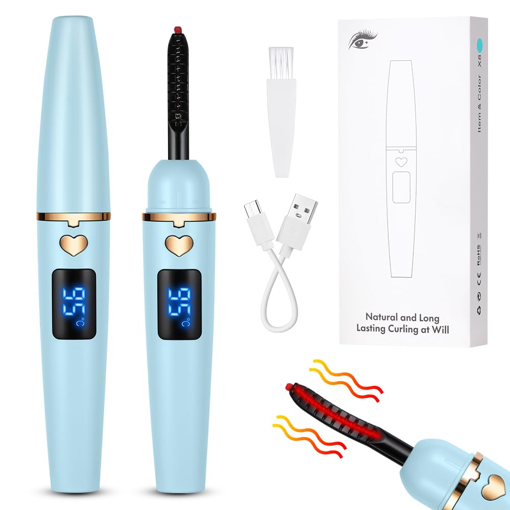 LOPHE Electric Heated Eyelash Curler, 4 Temperature Modes, Natural 24 Hours Long Lasting with Silicone Pad - Lake Blue