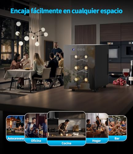 WIE Vinoteca Pequeña 6 Botellas - Mini Frigorífico con Puerta de Cristal 4–16°C, Enfriador de Vino con LED, Panel Táctil, 3 Niveles, <42 dB, para Casa, Bar, Dormitorio