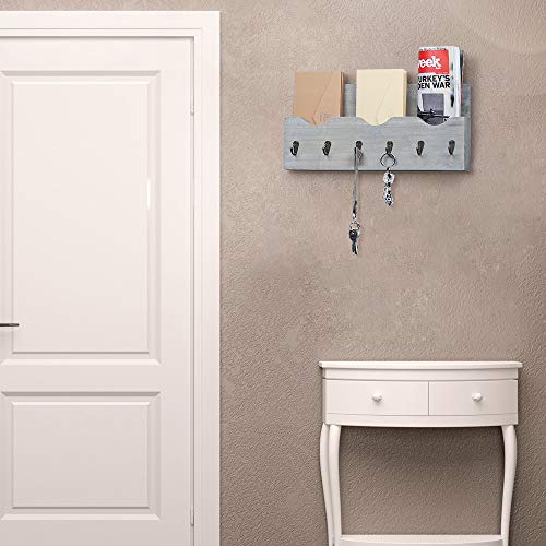 Wood Wall Mounted Mail Hanger Rustic Mail Sorter Wall Shelf with 3 Storage Compartments Entryway Organizer with 6 Key Hooks for Home Office