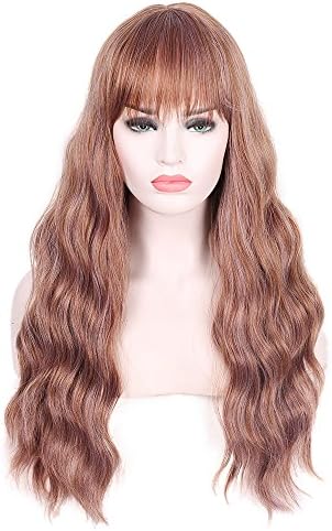 ForQueens Women's Brown Wig Long Curly Wavy Hair Wigs for Girl Ocean Wave wig with Bangs Heat Friendly Synthetic Cosplay Party Wigs