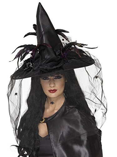 Smiffy's Women's Witch Hat with Feathers and Netting, Black One Size, 33786