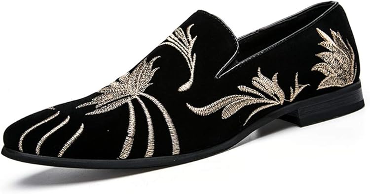 Amazon Goldflame Jp 刺繍靴 オペラシューズ メンズ ドレスシューズ スリッポン スエード 刺繍飾り 大きいサイズ ローヒール 花 オシャレ 演出 パンク ライブ 通勤用 オフィス 社内用 28cm ブラック Goldflame Jp シューズ バッグ
