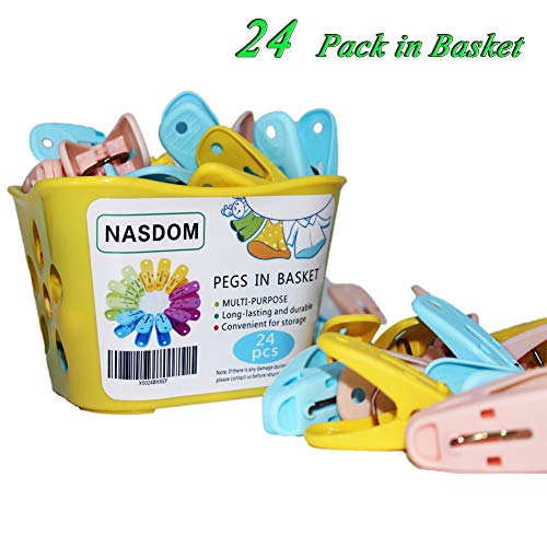 24 Pack Clothespins in Basket Mini Colored Utility Clips Holders Laundry Windproof Plastic Pegs for Outdoor Clothesline, Kitchen Bag Sealing