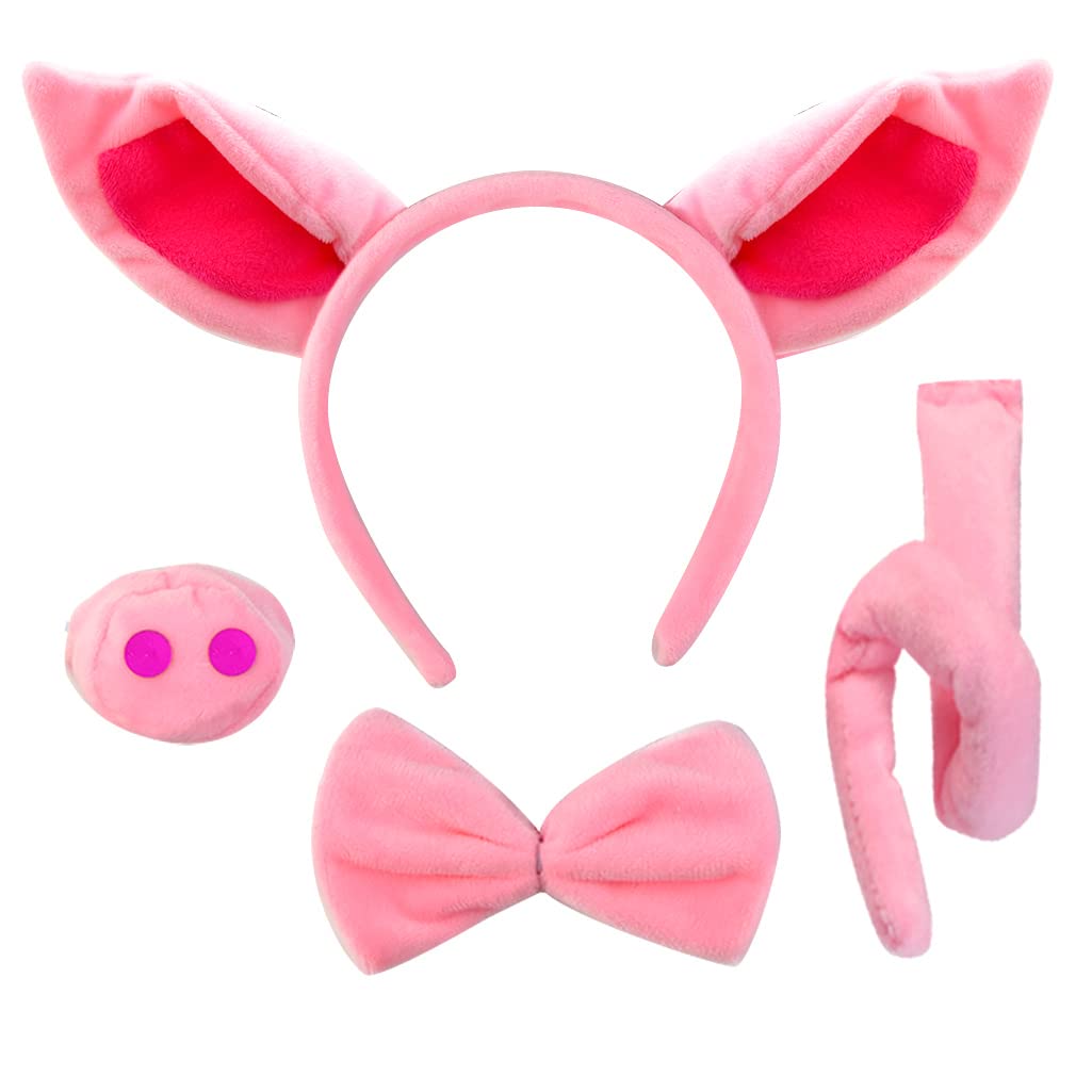 baotongle Pig Costume Set Ears Tail and Bow Tie Set, Pink Animal Pig Ear Headband, Faux Pig Snout, Pig Rolled Tail, Bow Tie Halloween Cosplay Party Decoration