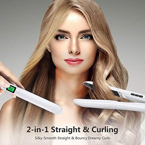 Flat Iron for Hair, HOCOSY Hair Straightener and Curler 2 in 1 with Digital LCD Display, Adjustable Temperature & Rapid Heating, Dual Voltage, Auto Shut Down, 1 Inch, White