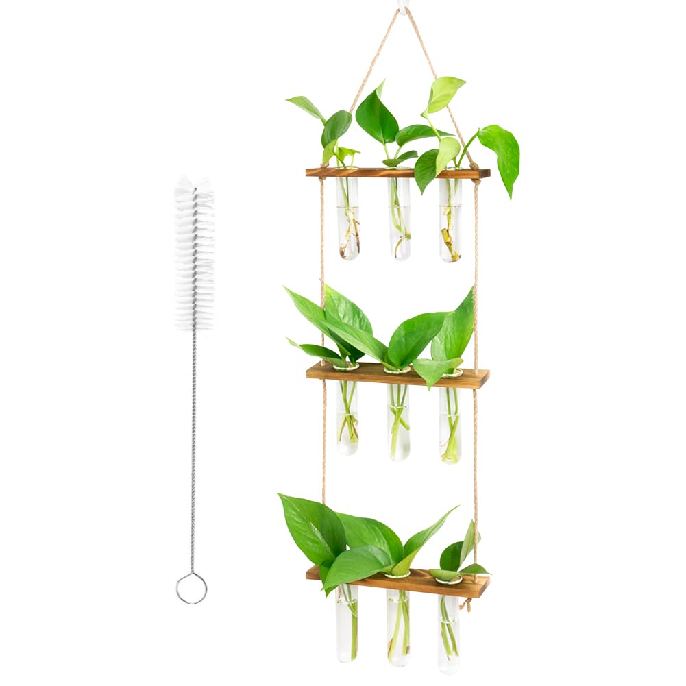 Unnosin Wall Hanging Planter 3 Tiered Plant Propagation Station Terrarium 9 Bulb Vase with Wood Stand, Glass Planter Test Tube Vase for Propagating Hydroponic Home Office Garden