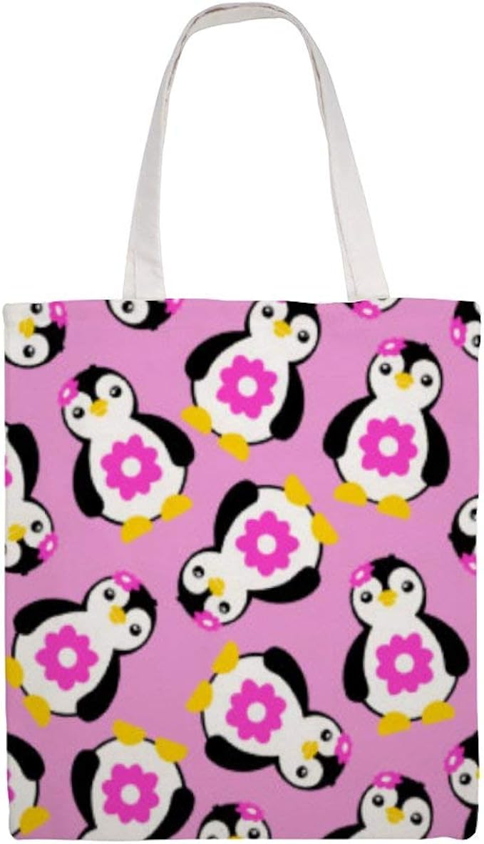 Bolsos de lona para compras, lindos pingüinos con flores rosas