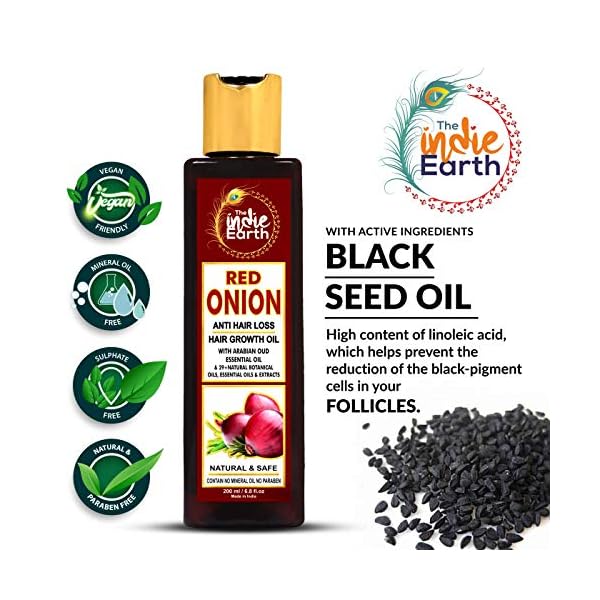 THE INDIE EARTH RED ONION HAIR OIL 200 ML - ANTI HAIR LOSS & HAIR GROWTH OIL WITH BLACK SEED, CURRY LEAF, HIBISCUS…