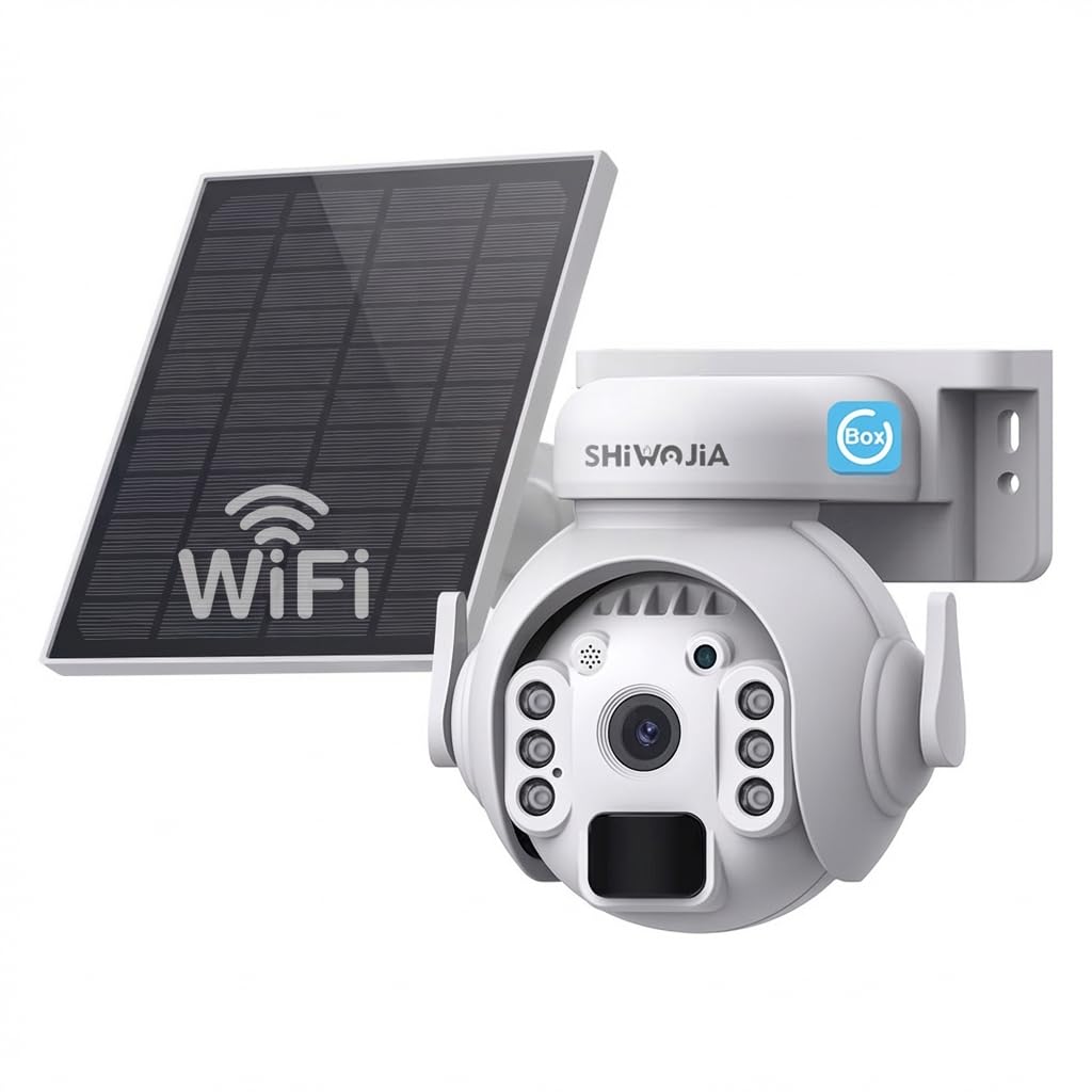 SHIWOJIA 2K Solar Wireless Security Outdoor Camera, 360° PTZ WiFi CCTV Camera, PIR Motion Detection & Alert, Color Night Vision, 2-Way Audio, IP66 Waterproof, SD/Cloud