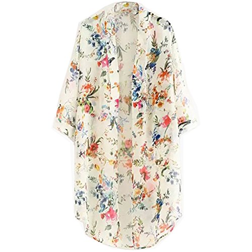 Lantusi Womens Floral Chiffon Beach Bikini Cover Up Kimono, White, XL