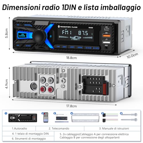 RDS Bluetooth Car Radio, Wistrue 1DIN Car Radio with Type-C Charging Port Stereo Car Bluetooth FM/AM with MP3 Player Hands-Free / 2 USB/AUX/SD Supports Android and iOS