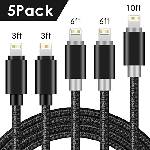 Mfi Certified Lightning Cable 5Pack 3ft 6ft 10ft Nylon Braided USB Fast Charging& Syncing Cord Compatible iPhone Charger XS/Max/XR/8/Plus/ 7/Plus/6S/Plus