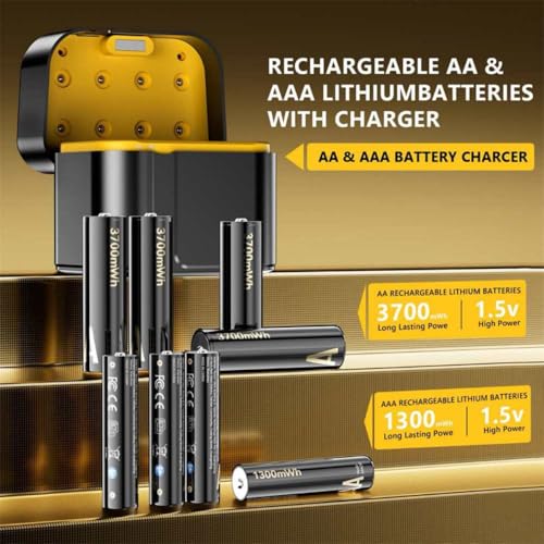 Cuorvag Rechargeable Batteries with Charger, 4 AA 3700mWh + 4 AAA 1300mWh 1.5V Lithium Battery Set, AA AAA Battery Charger, 8-Slot Type-C Charging Case, 1300+ Cycles