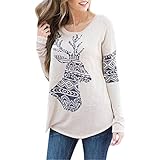 Women Blouse,Haoricu Fall Womens Loose Elk Deer Printing Splice Long Sleeve Tops Pullover Shirt (M, Khaki)