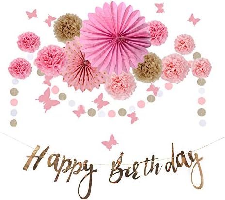 Easy Joy 誕生日飾り付けセット ピンク ゴールド 大量15点入 筆記体誕生日ガーランド 蝶々ウォールステッカー サークルガーランド ポンポンフラワー ペーパーファン 1歳 2歳 ハーフバースデー 装飾