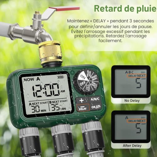 3 Way Water Timer with Brass Inlet, Large LCD Display, Automatic Watering for Garden, Programmable Irrigation, Simple Use, Rain Delay Manual Watering for Garden