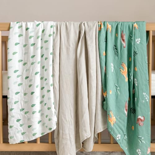 hahaland 100% Natural Bamboo Muslin Baby Blanket Set with 1 Piece 120 x 120 cm and 2 Pieces 100 x 95 cm – Soft and Absorbent Swaddle for Babies