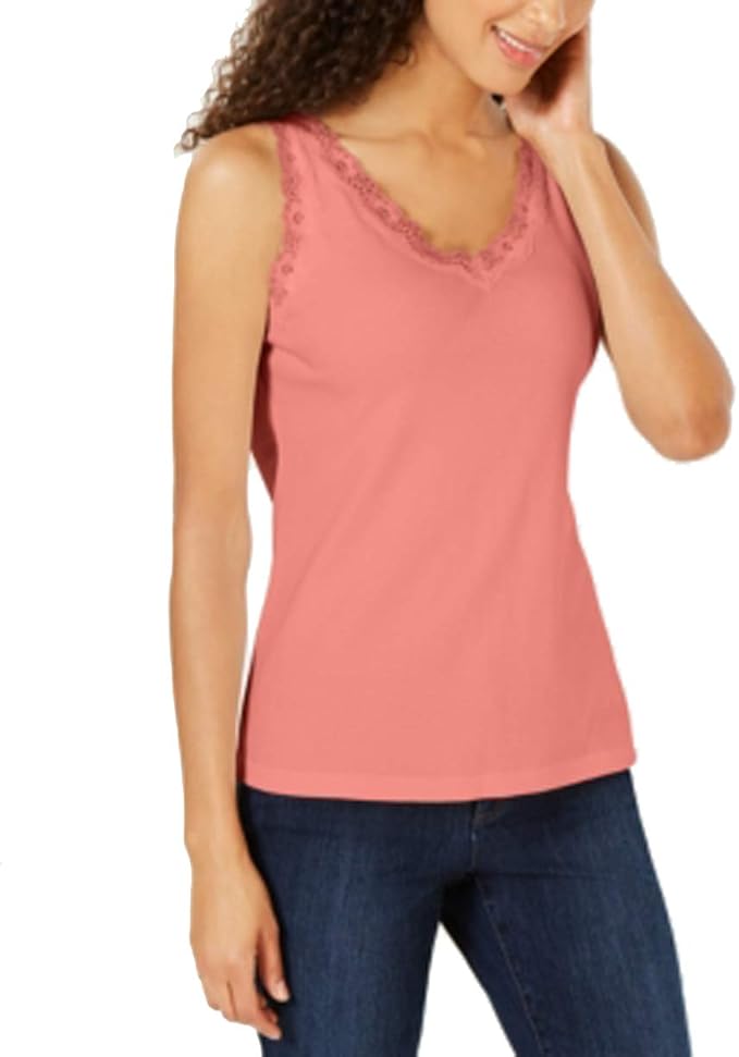 Karen Scott Cotton LaceTrim Tank Top (Coral Lining, M) at Amazon Women
