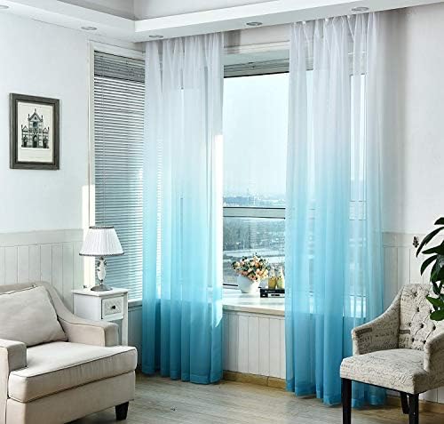 Eyelet Voile Sheer Curtains, Gradient Grommet Top for Bedroom and Living Room,Blue,52Wx96L inch