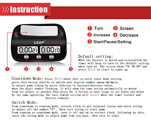 LEAP Chess Clock Digital Chess Timer Professional for Board Games Timer with Alarm Function Black (Official Store) - Thumbnail 4