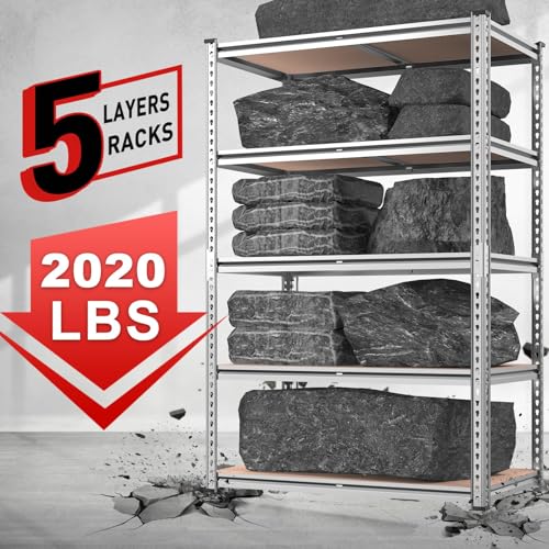 2020LBS Garage Shelving Heavy Duty 5 Tier Storage Shelves Adjustable Metal Shelving for Basement, Warehouse, Pantry, Closet, Kitchen, Easy Assembly, 90cm x 40cm x 180cm, Galvanized, White