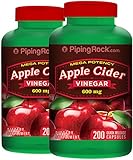 Piping Rock Mega Potency Apple Cider vinegar 600 mg 2 Bottles x 200 Quick Release Capsules Dietary Supplement