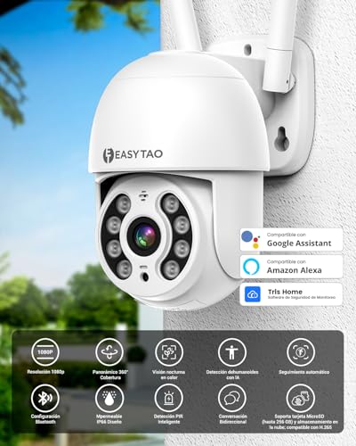 E T EASYTAO | Cámara de Seguridad Exterior WiFi, ICsee O Tris Home App, 2MP Pan&Tilt 360 Grados, Mini PTZ Cámara Inalámbrica Exterior con Visión Nocturna con Audio Bidireccional