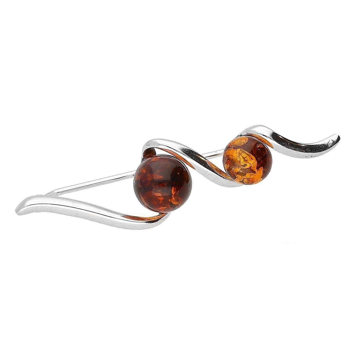 Twisted Nested Cognac Orange Amber Balls Contemporary Silver Brooch Pin/Clip for Women Ladies - 925 Sterling Silver - Amber Jewellery for Women