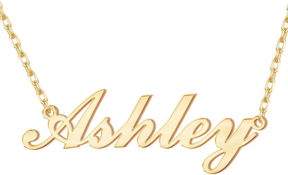 MeMoShe Name Necklace Personalized, 18K Gold Plated Nameplate Pendant Necklace Dainty Jewelry Gift for Women