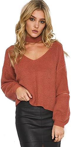 Sushi Kong Women's Solid V Neck Sweater With Choker Brickred