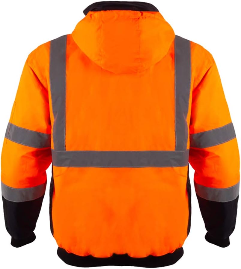 Men's ANSI Class 3 Hi Vis Safety Bomber Jacket Concealed Hood Waterproof Full Zip Padding Work Jacket Black Bottom(3XL, Orange): Home Improvement