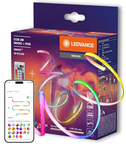 LEDVANCE SMART WIFI Bande lumineuse LED avec télécommande incluse avec contrôle des couleurs MAGIC RGB, COB pour un effet lumineux homogène, 22 W, longueur 3 m, pour applications intérieures