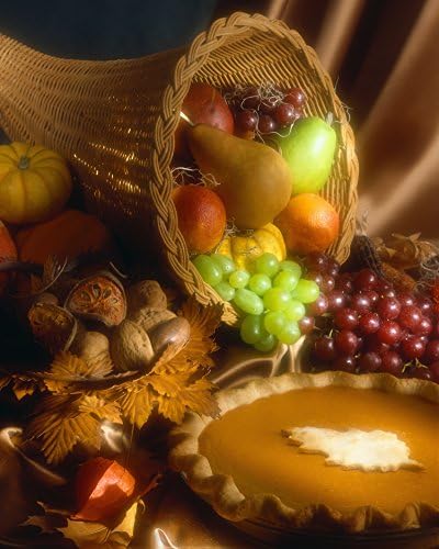 Thanksgiving Greeting Cards - Autumn Feast - AF100. Business Greeting Card with an Image of a Cornucopia and a Pumpkin Pie. Box Set has 25 Greeting Cards and 26 Pumpkin Orange Colored Envelopes.