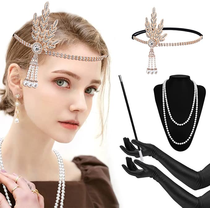 Roontin 4 pcs 1920 Accessories Set, 1920s Fashion Flapper Headband Cigarette Holder Long Gloves Pearl Necklace Great Gatsby Accessories for Women