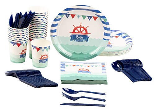 Disposable Dinnerware Set - Serves 24 - Nautical Themed Baby Shower Party Supplies, Includes Plastic Knives, Spoons, Forks, Paper Plates, Napkins, Cups