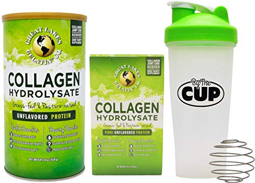 Great Lakes Gelatin, Collagen Hydrolysate, Pure Unflavored Beef Protein, Kosher, (1) 16 Oz Can and (1) 20 Ct Box Single Serve Packets with By The Cup Shaker