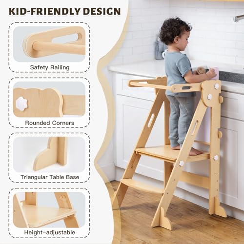Labebe Learning Tower for Children, 3 in 1 Montessori Foldable Observation Tower, Multifunctional Adjustable Learning Tower with Double-Sided Board from 1 Year (Wood)
