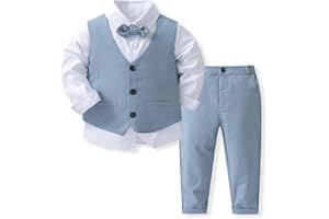 IDOPIP Toddler Kids Baby Boys Formal Suit Gentleman Outfit Long Sleeve Shirt with Bowtie + Vest + Pants Overalls Clothes 2-8T