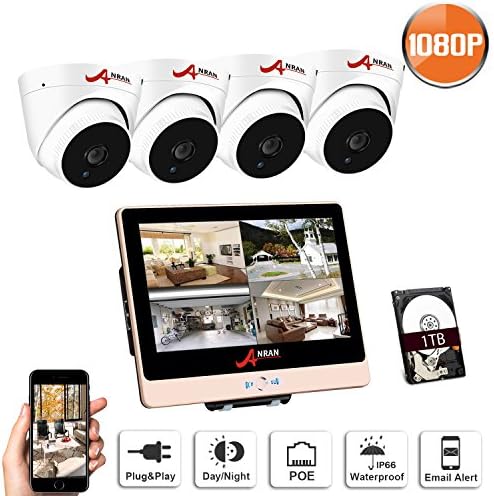 ANRAN POE Home Security Camera System, POE Surveillance Video Security System 4 HD 1080P Indoor Outdoor Cameras 8 Channel 12 Inch LCD Monitor NVR 1TB Hard Drive, Plug and Play, Motion Detection