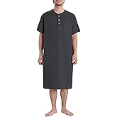 Latuza Men's Cotton Gauze Nightshirt Short Sleeve Nightgown Henley Sleep Shirt