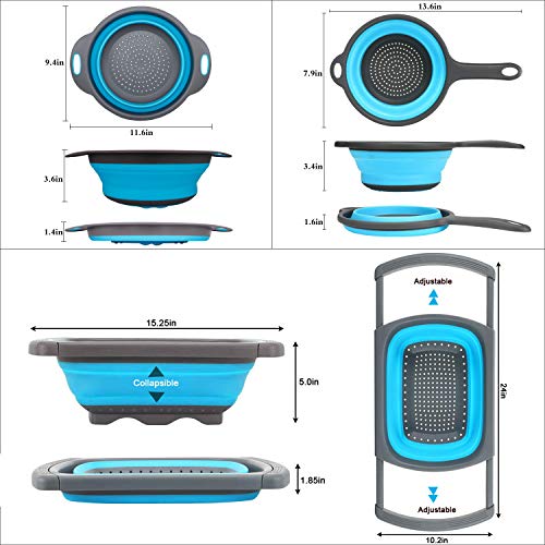 Huanlemai 3-Packs Blue Kitchen Collapsible Colander with Extendable Handles Over The Sink - BPA Free Silicone Folding Strainer for Draining Pasta, Vegetable, Fruit (6qt, 4qt, 2qt)