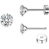 ZDE Titanium Women Flatback Earrings Cubic Zirconia Silver Stud Earrings Flat Back CZ Earrings Hypoallergenic Cartilage Flatback Earring Tragus Helix Tragus Conch Piercing 3mm/4mm/5mm