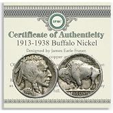 1913-1938 Buffalo Nickel 5c W/COA Full Dates USA Collector Coin