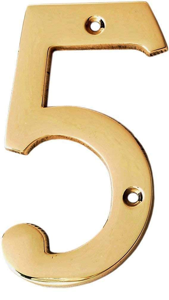 eSplanade 4" Brass House Hotel Door Number Plaque Sticky Numeric Numerical Digit 0-9 (5 (Five))