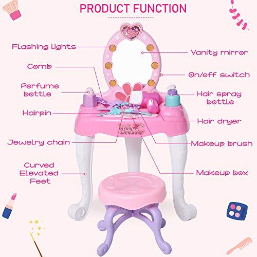 Qaba Kids Vanity Table and Chair Beauty Pretend Play Set with Mirror
