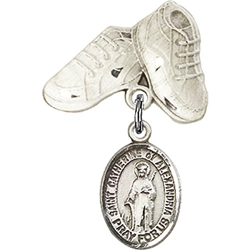 Sterling Silver Baby Badge with St. Catherine of Alexandria Charm and Baby Boots Pin 1 X 5/8 inches