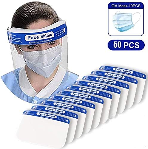 ORSEN 50 Packs Face Shield Medical Full Face Protect Eyes and Face Plastic Face Shield with Safety Protective Clear Film Elastic Band and Comfort Sponge Dental Face Shield for Men Women